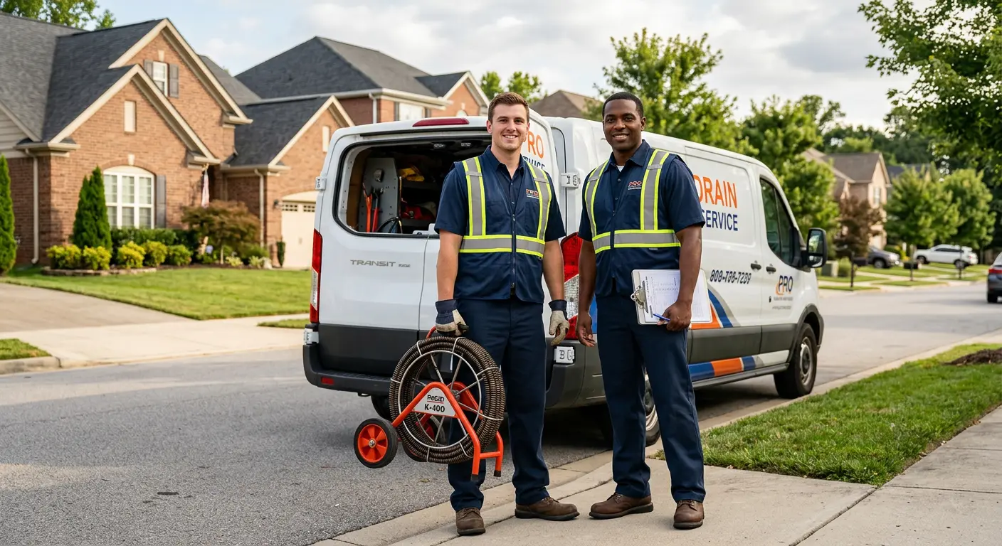 Sewer and drain service team with equipment ready for work in Farmville