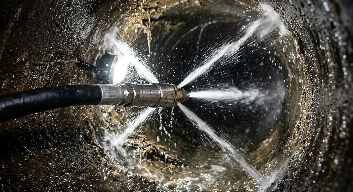 High-pressure hydro jetting nozzle cleaning sewer pipe for Emergency Drain Service in Farmville