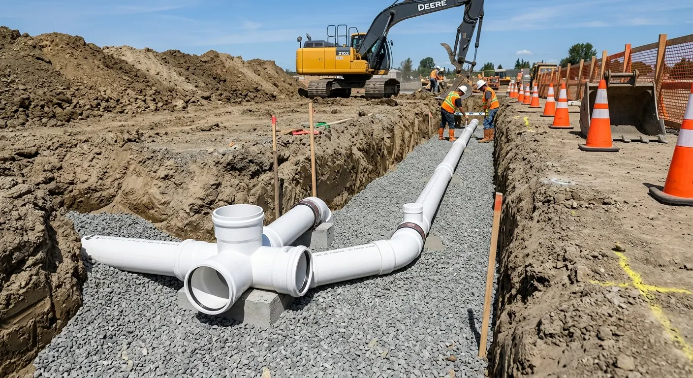 New PVC sewer pipe installation in open trench for Sewer Backup in Farmville