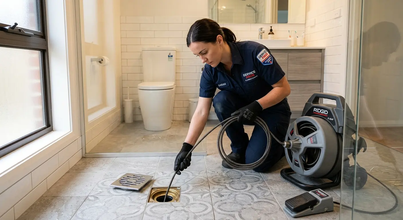 Technician clearing a bathroom floor drain for Drain Cleaning in Farmville